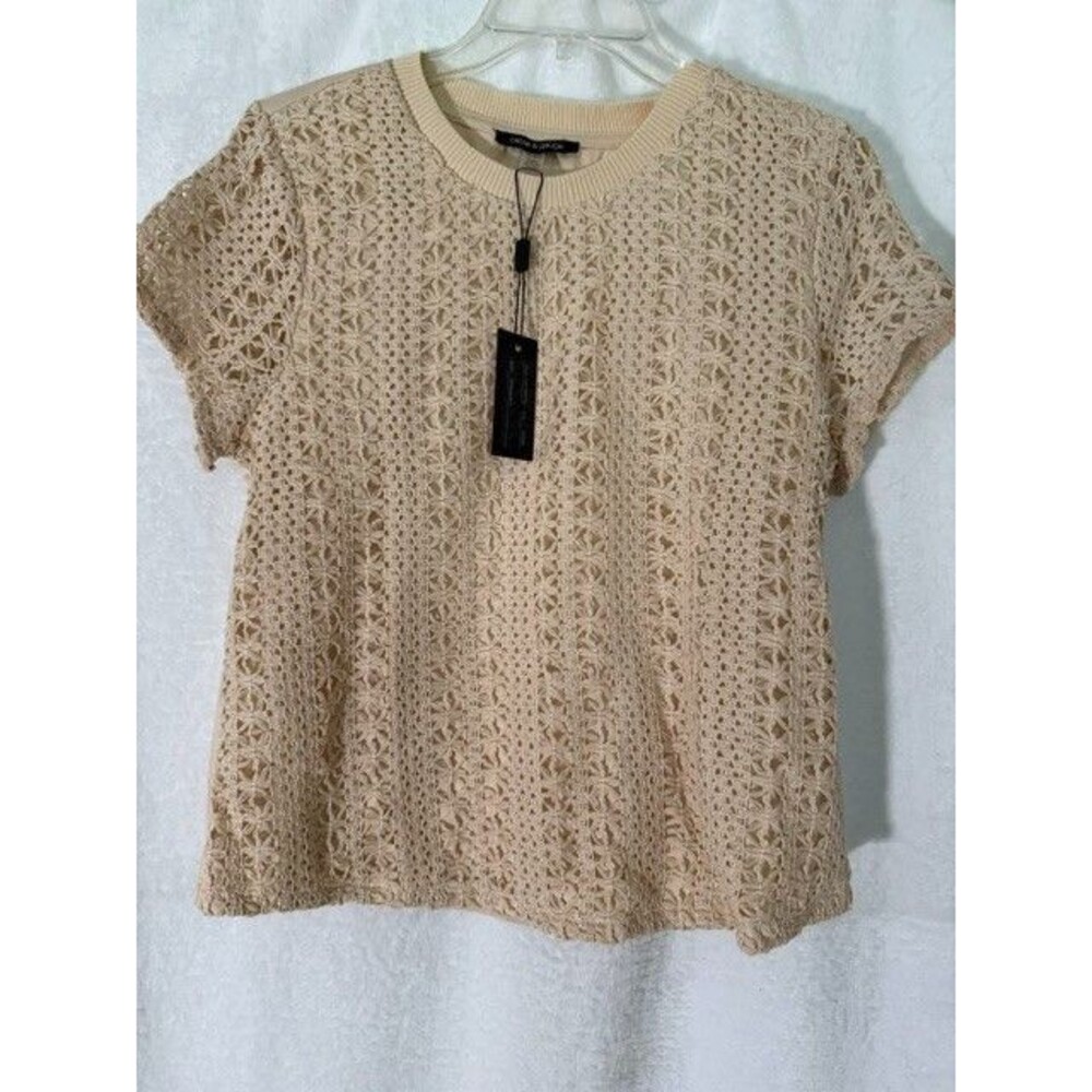 Cable & Gauge Women’s Medium Beige Crochet Lace Short Sleeve Top NWT